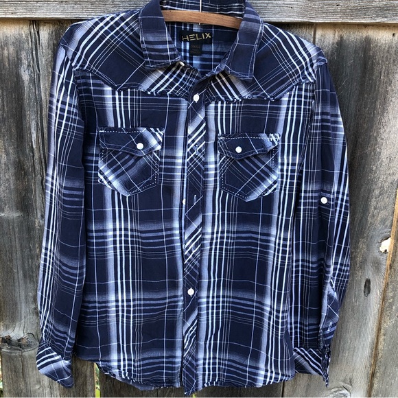Helix Western Button Down Long Sleeve Blue Plaid Snap Button Front Pockets Small - Picture 1 of 7